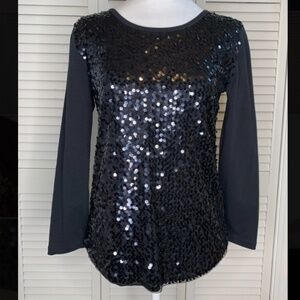J.Crew Factory Black Long Sleeve Cotton Knit Shirt with Sequined Front Layer